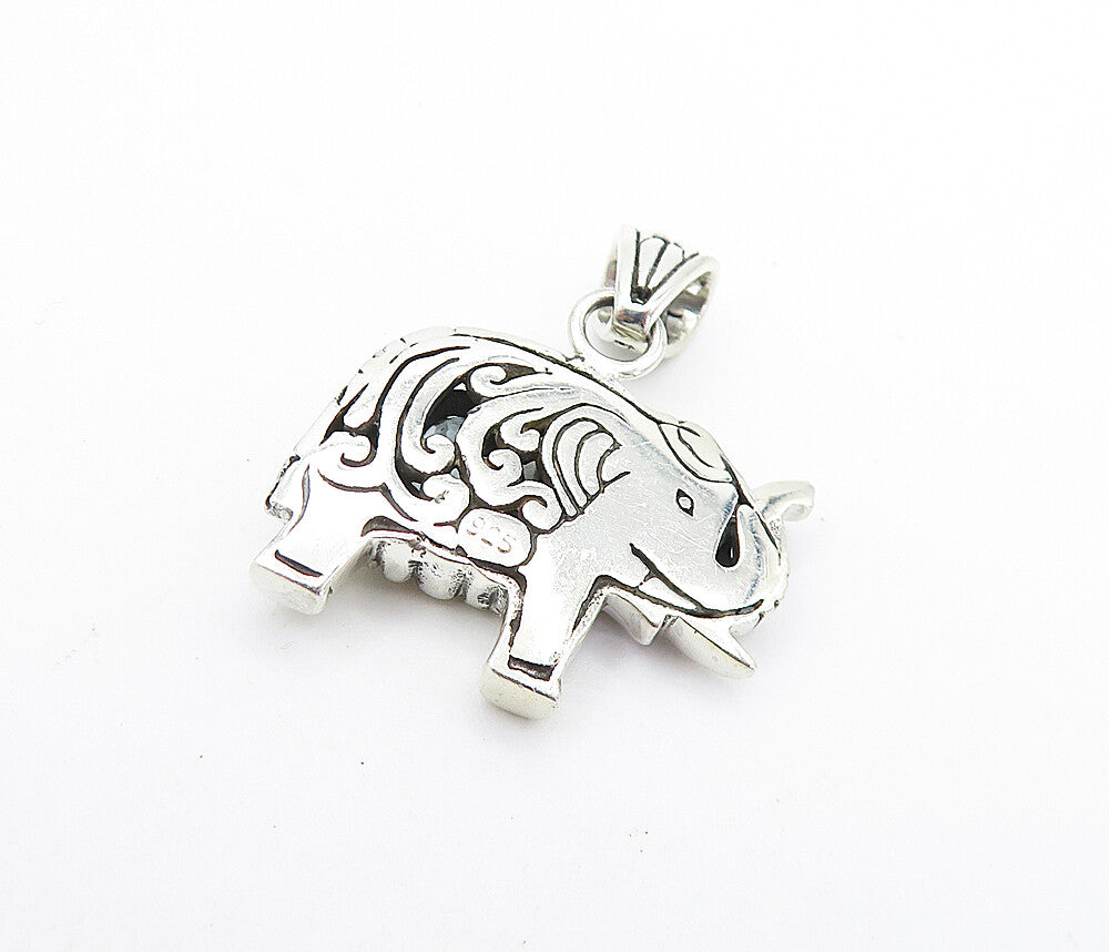 925 Sterling Silver  Vintage Blue Topaz Petite Swirl Elephant Pendant  PT5801