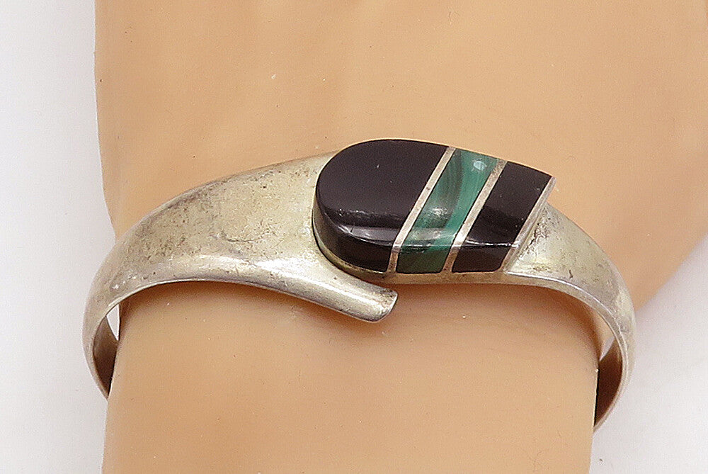 MEXICO 925 Silver  Vintage Black Onyx & Malachite Bangle Bracelet  BT1691