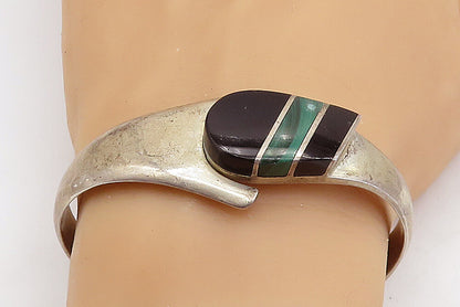 MEXICO 925 Silver  Vintage Black Onyx & Malachite Bangle Bracelet  BT1691