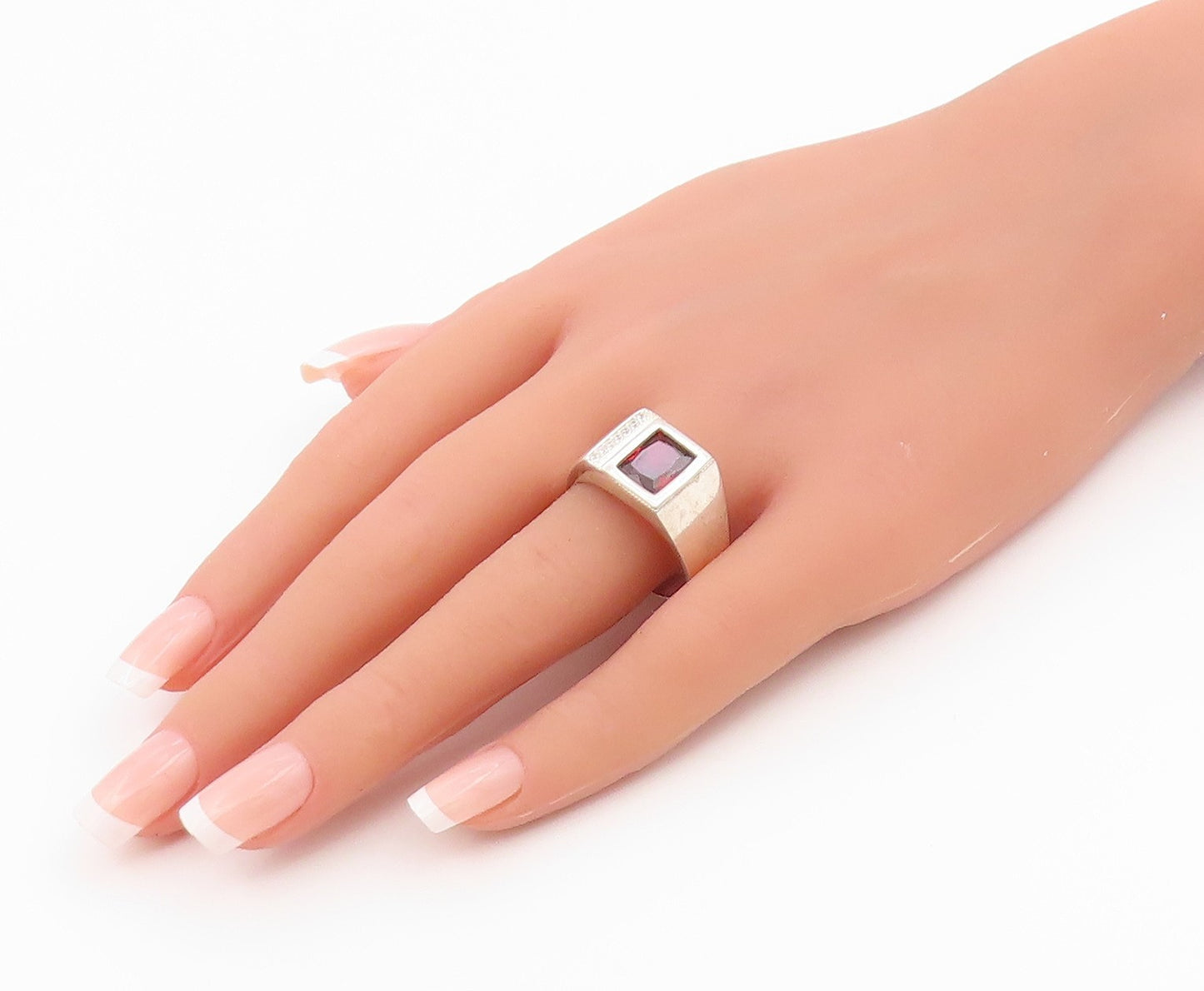 925 Sterling Silver Vintage Ring Garnet & CZ Geometric Signet  Sz 11.5  RG36525