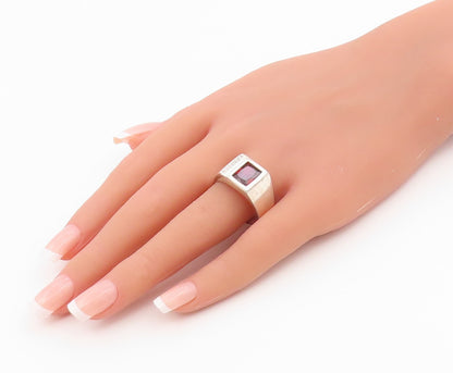 925 Sterling Silver Vintage Ring Garnet & CZ Geometric Signet  Sz 11.5  RG36525