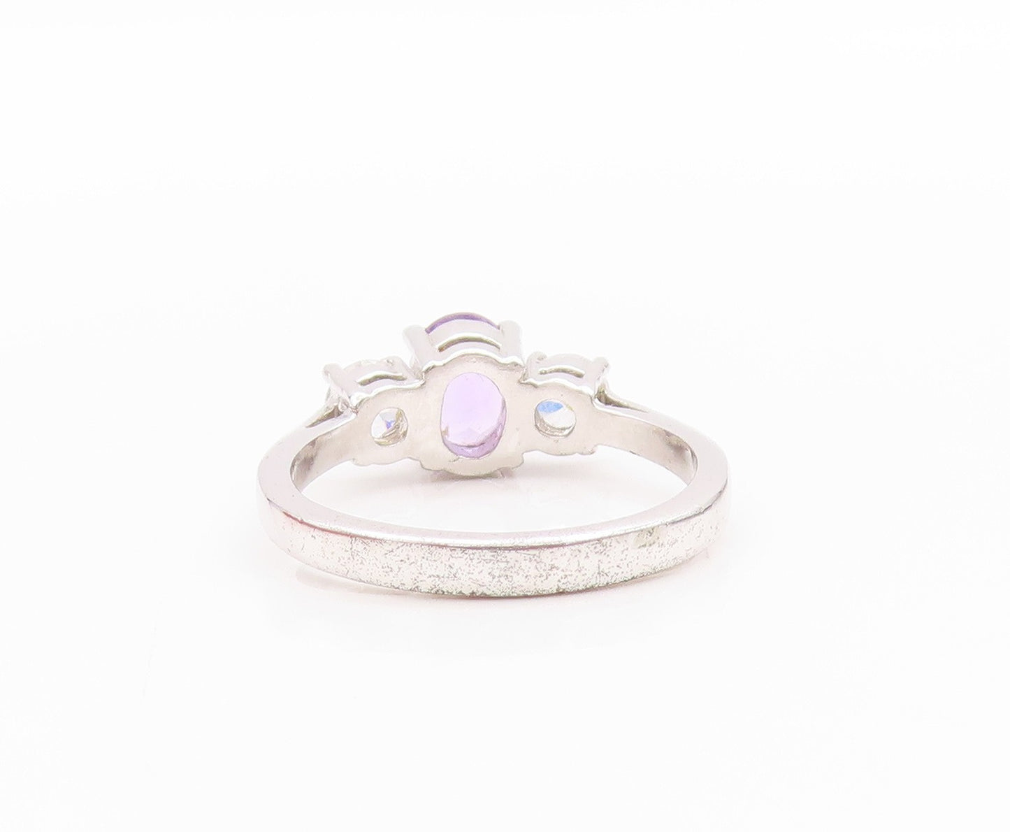 925 Sterling Silver Vintage Ring Amethyst & CZ Three Stone Band  Sz 6  RG33577