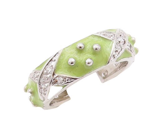 925 Sterling Silver Vintage Ring Designer Green Enameled CZ Inlay  Sz 6  RG29057