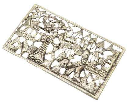 925 Sterling Silver  Vintage Cutout People Scene Square Brooch Pin  BP5624