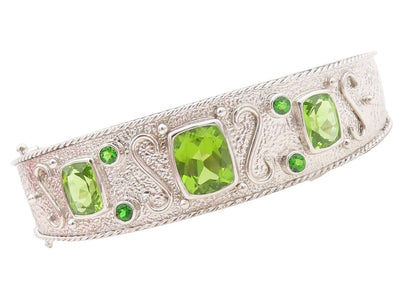 925 Sterling Silver Vintage Bracelet Solid Carved Rectangle Peridot  BT10721