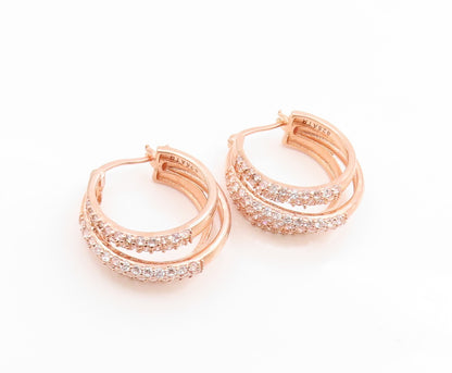 925 Sterling Silver Vintage Earrings Gold Plated Triple Row CZ Hoops  EG14327