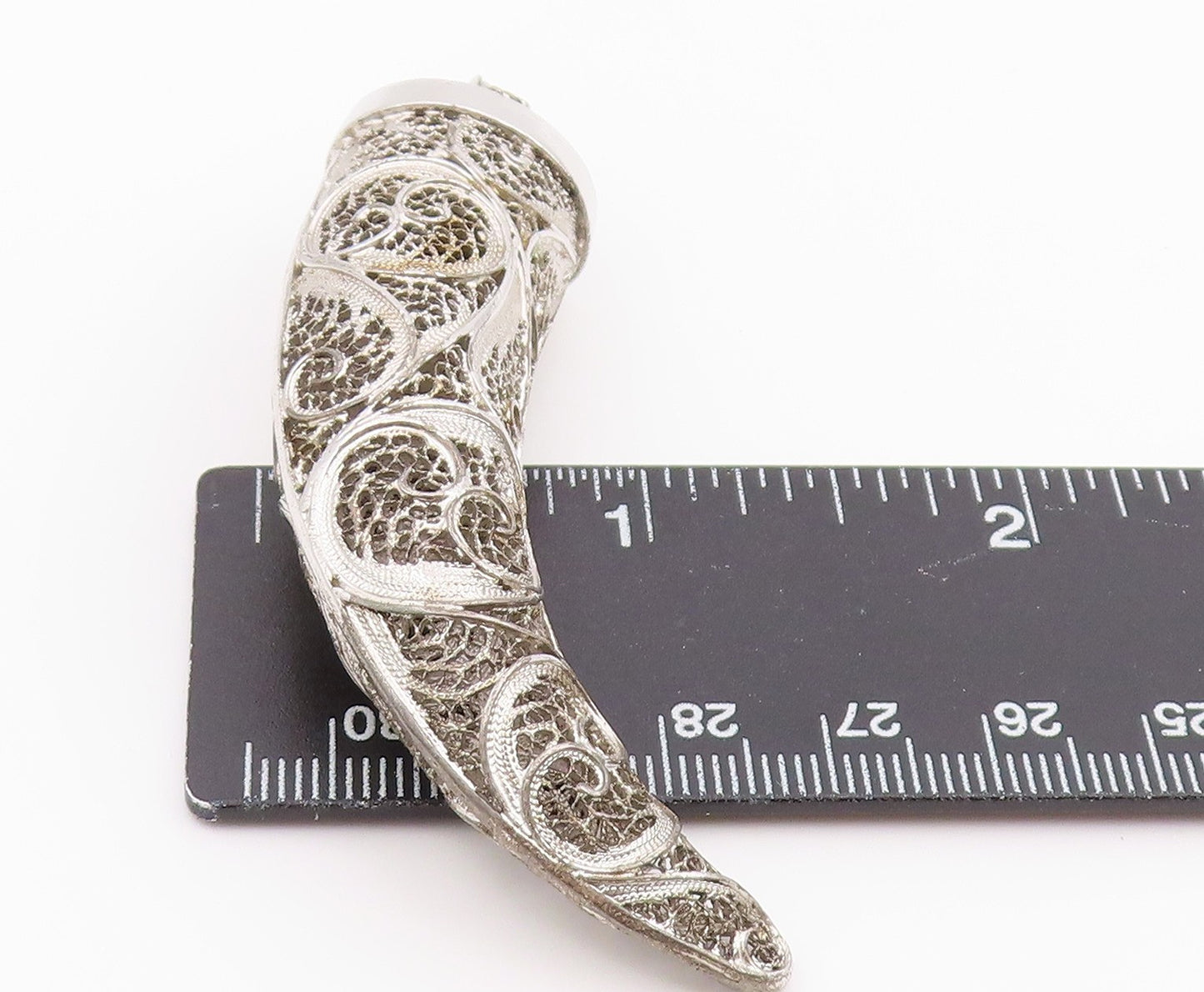 925 Sterling Silver Vintage Pendant VAN LOV Intricate Filigree Horn  PT26389
