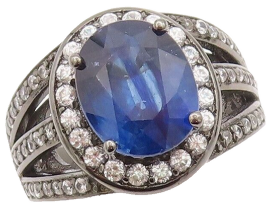925 Sterling Silver Vintage Ring Split Band CZ Inlay & Sapphire  Sz 8  RG29617