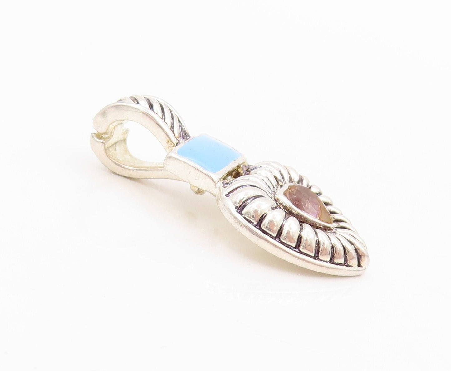925 Sterling Silver Vintage Pendant Solid Gemstone Inlay Grooved Heart  PT23898