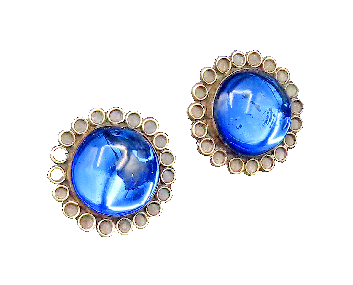 MEXICO 925 Silver  Vintage Unique Blue Amber Screw Back Earrings  EG12142