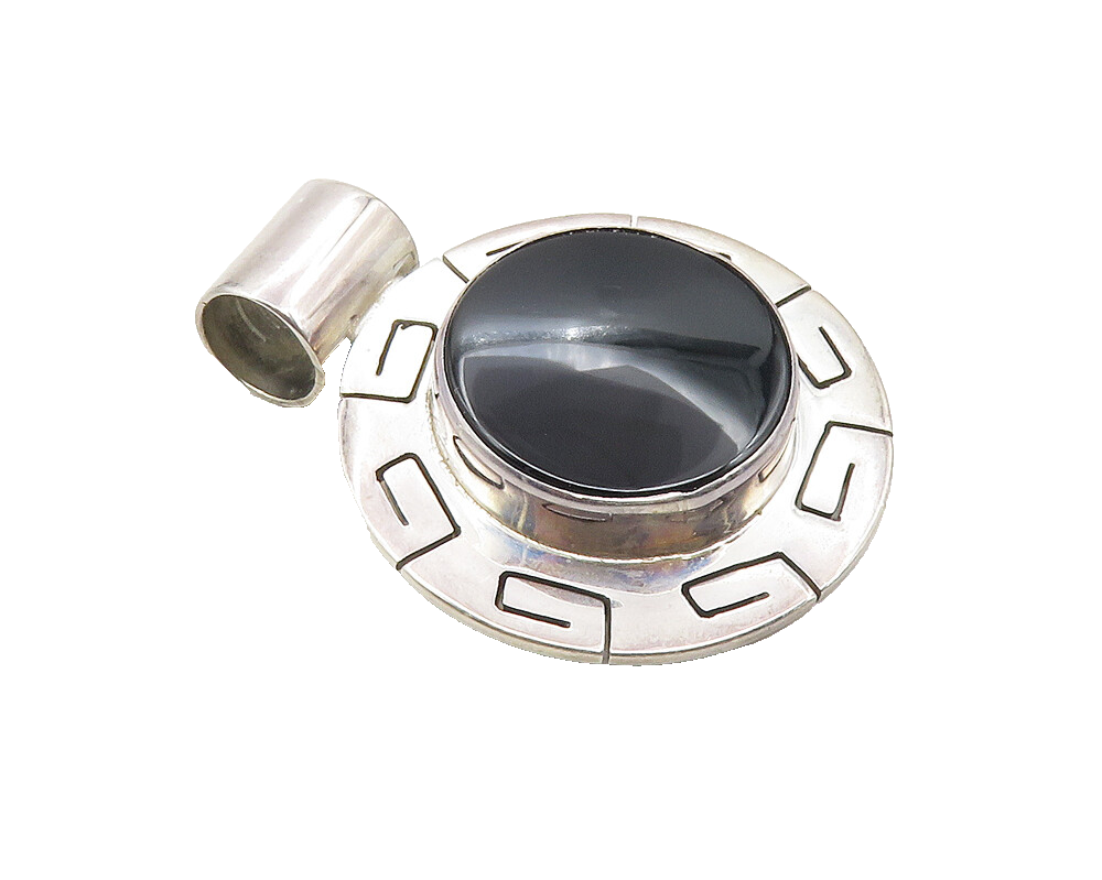CII MEXICO 925 Silver  Vintage Black Onyx Greek Key Border Pendant  PT7865