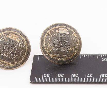 925 Sterling Silver Vintage Cuff Links Dark Tone Trible Face Carved  TR3881