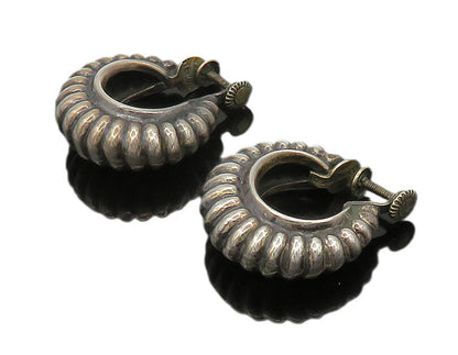 MEXICO 925 Silver  Vintage Fluted Hollow Non Pierce Hoop Earrings  EG11455
