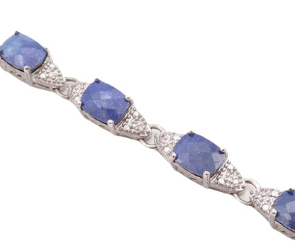 925 Sterling Silver Vintage Bracelet Oval Shape Sapphire & CZ Inlay  BT10761