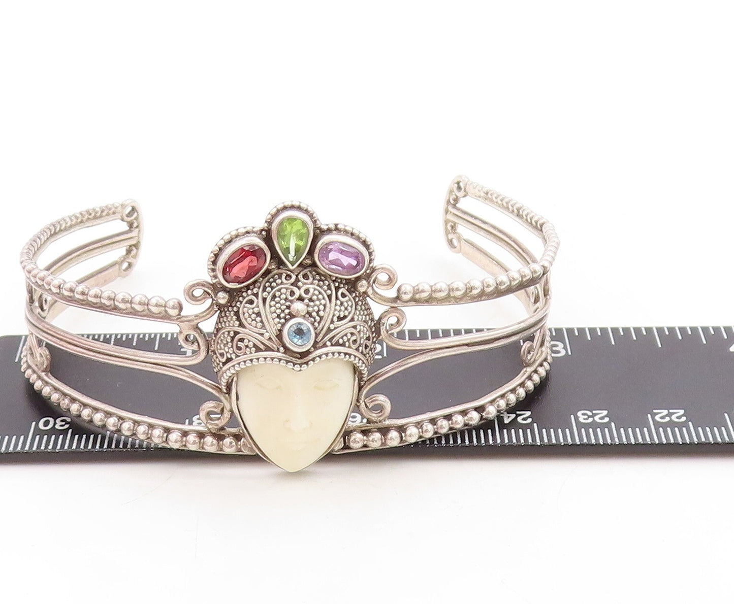925 Sterling Silver Vintage Bracelet Garnet Peridot Amethyst Crown Face  BT10945