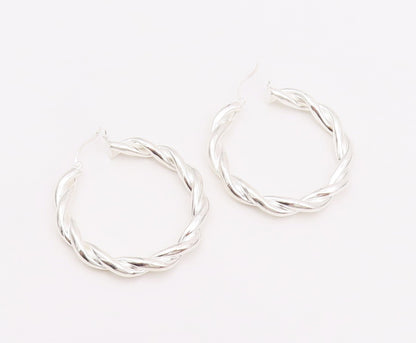 925 Sterling Silver Vintage Earrings Modernist Twisted Wire Design Hoops EG13651