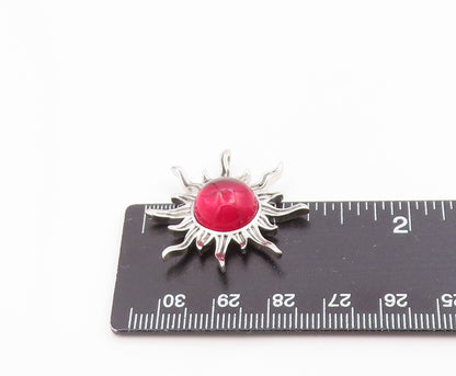 925 Sterling Silver Vintage Pendant Cabochon Ruby Sunburst Cutout Charm  PT26256