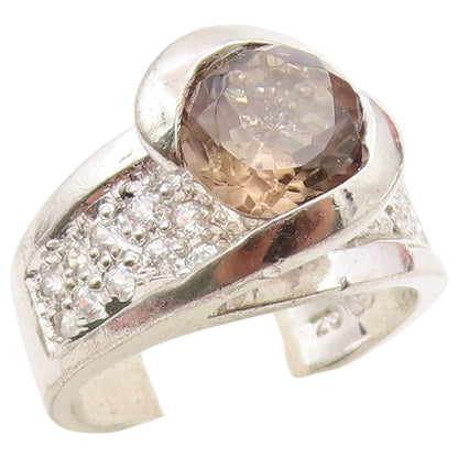 925 Sterling Silver Vintage Ring Classic Smoky Quartz & CZ Band  Sz 6  RG36913