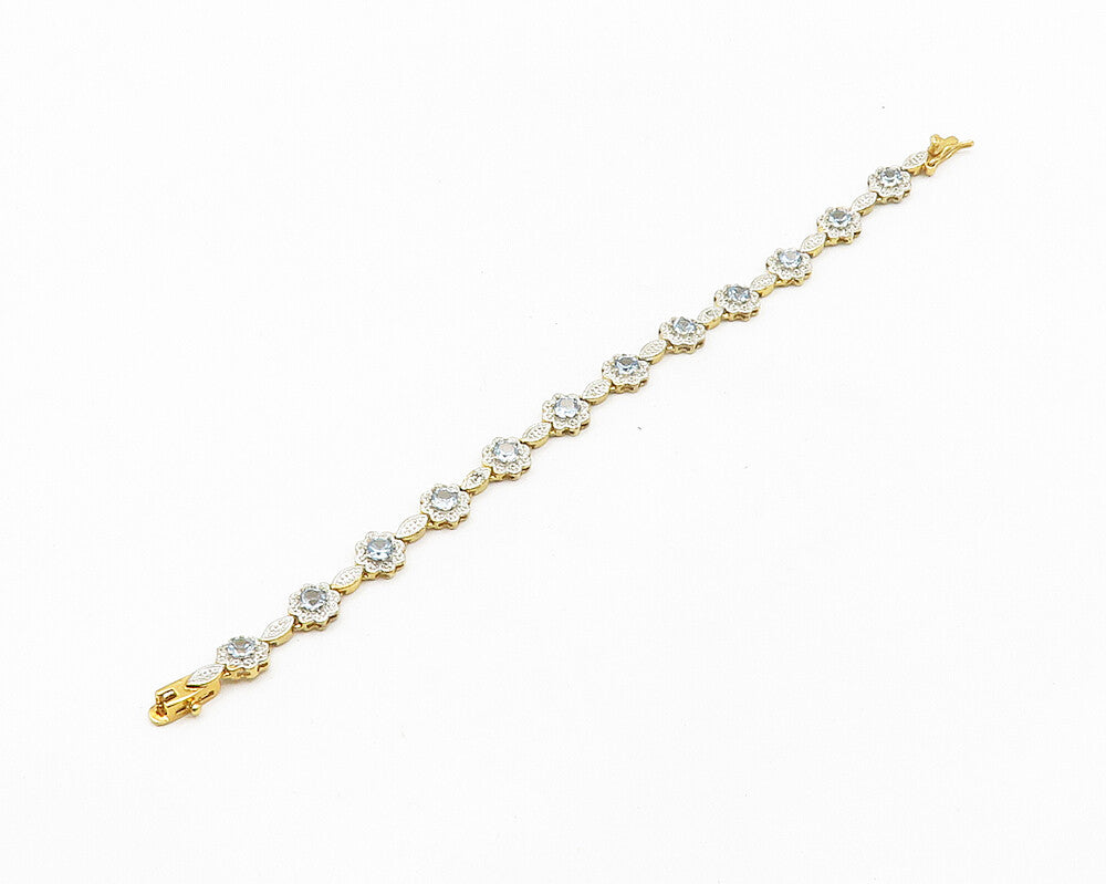 925 Sterling Silver  Shiny Blue Topaz Two Tone Floral Chain Bracelet  BT7336