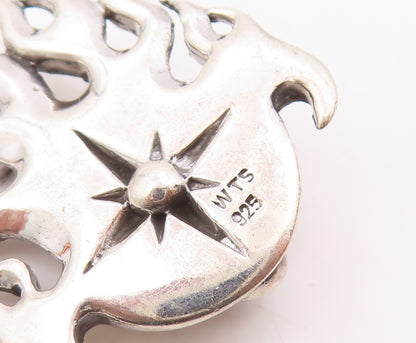 925 Sterling Silver  Vintage Shiny Skeleton Head Fire Flames Pendant  PT18396