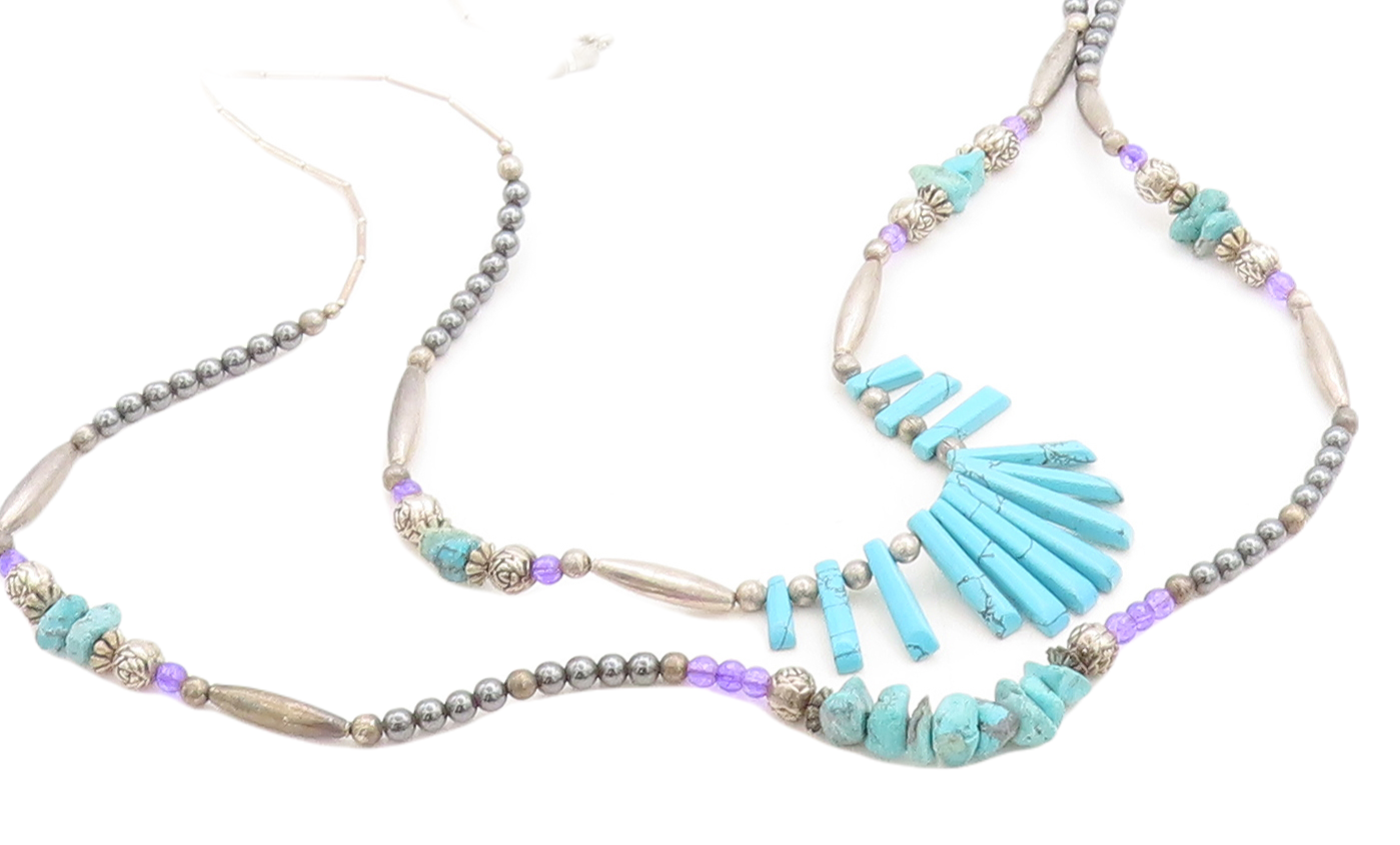SOUTHWESTERN 925 Silver Vintage Turquoise & Hematite Chain Necklace NE1418