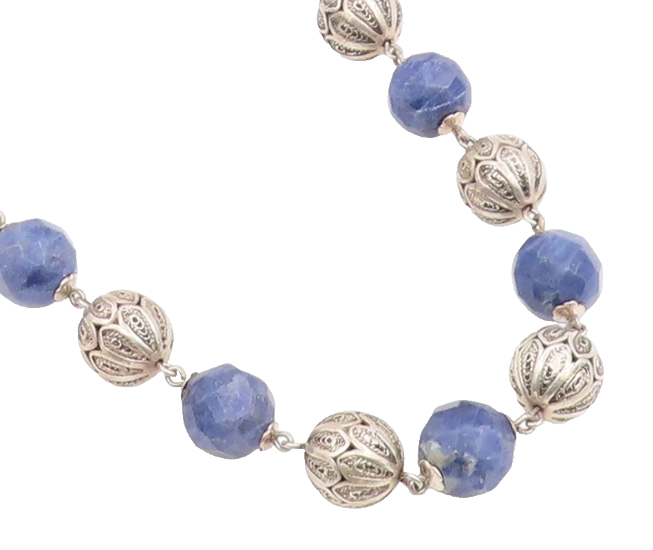 925 Sterling Silver Vintage Necklace Lapis Lazuli Beaded Bohemian Chain  NE4757