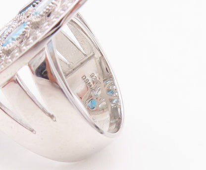 925 Sterling Silver Vintage Ring Oval Cut Blue Topaz Marquise Inlay Sz 7 RG29938