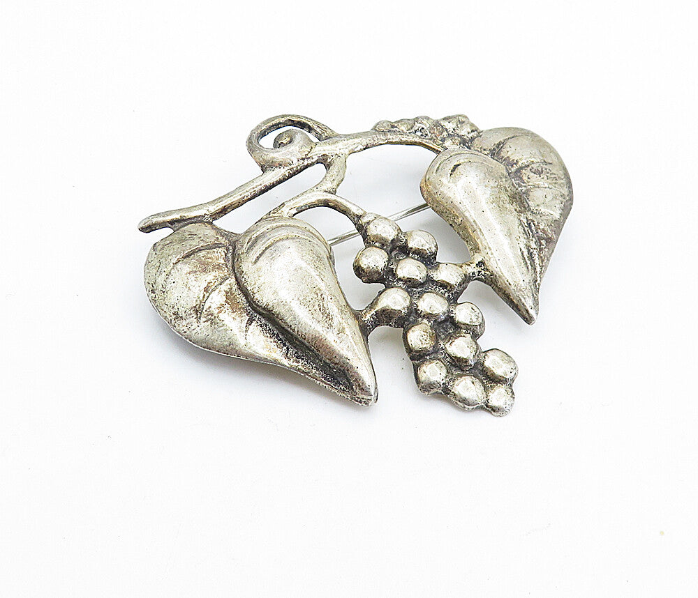 925 Sterling Silver Vintage Antique Dark Tone Grape Vine Brooch Pin BP2688