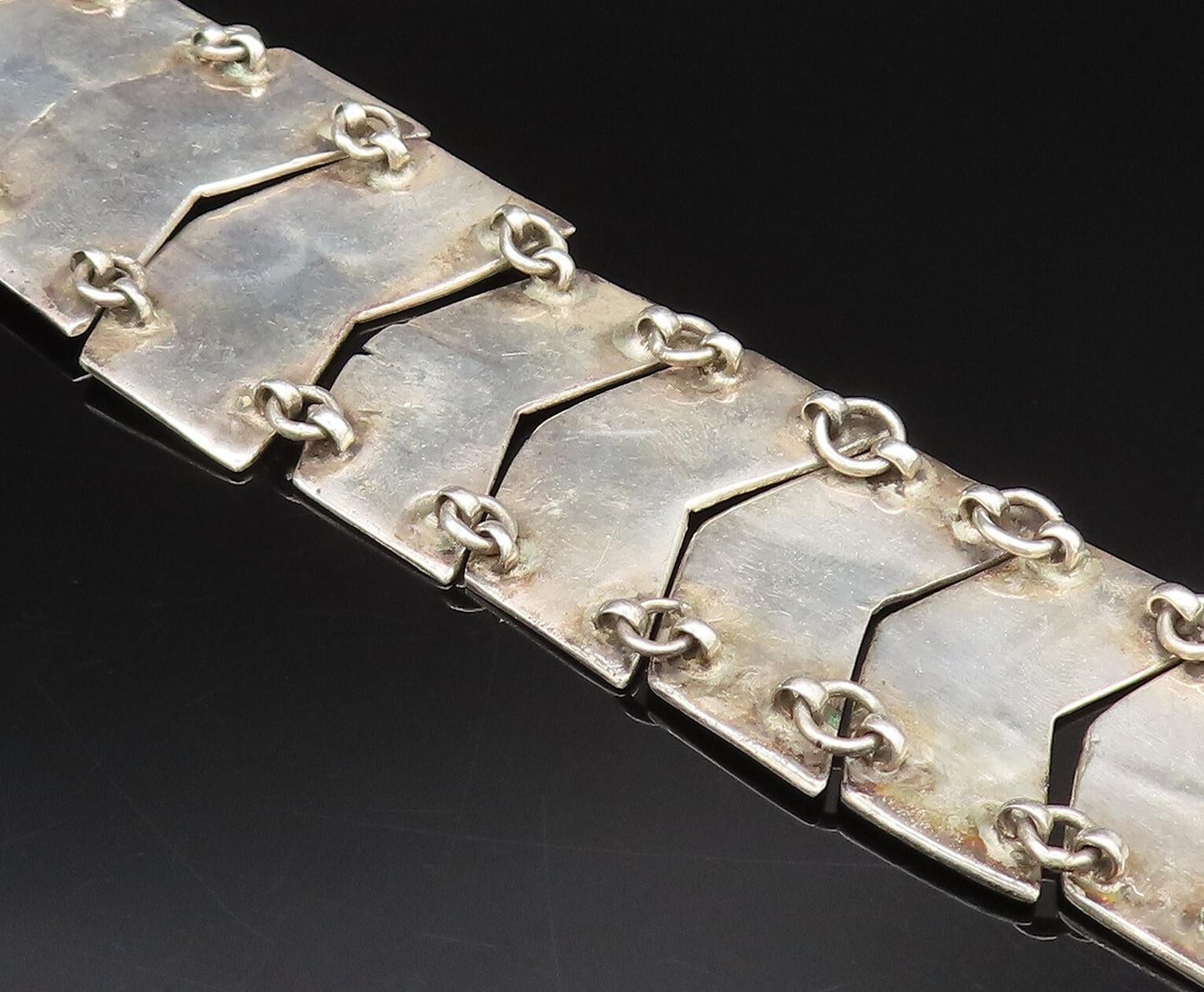TAXCO 925 Silver  Vintage Inlaid Abalone Double Row Link Bracelet  BT9784