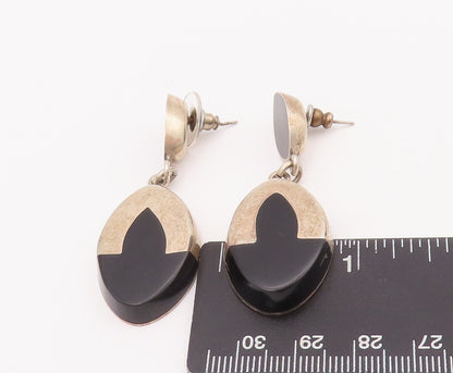 925 Sterling Silver Vintage Earrings MEXICO Linked Dangling Inlay Onyx  EG12931
