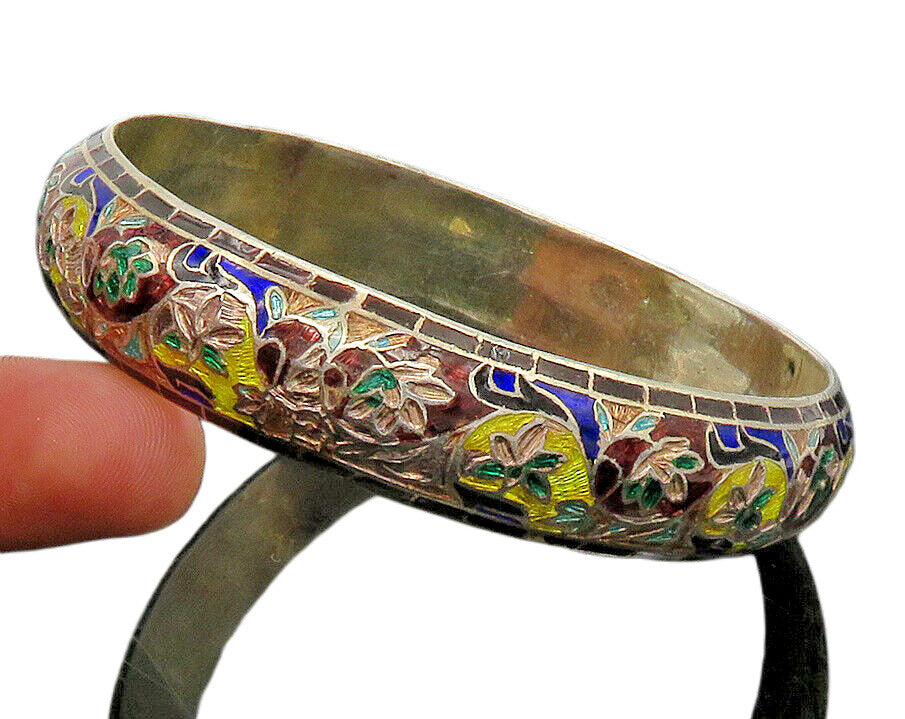 925 Sterling Silver  Vintage Enamel Floral Vine Art Bangle Bracelet  BT8962