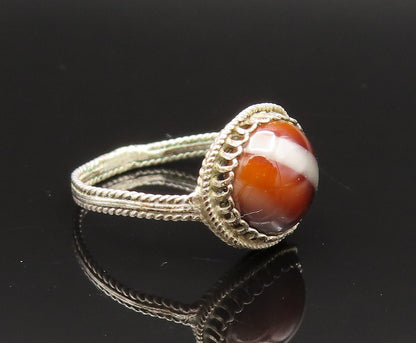 925 Sterling Silver Vintage Antique Brown Agate Twisted Rope Ring Sz 6 RG25631