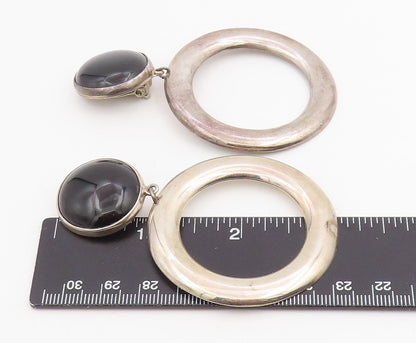 925 Sterling Silver Vintage Earrings Cabochon Onyx Large Circle Clip On  EG14078