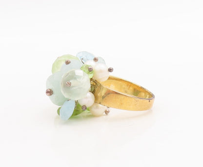 925 Sterling Silver Vintage Ring DALIA Gemstone & Pearls Beaded  Sz 6  RG28689