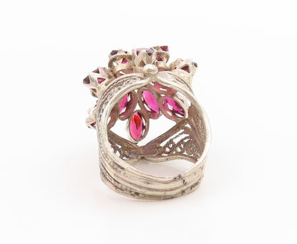 925 Sterling Silver Vintage Ring Amethyst Openwork Flower Band  Sz 8  RG35644