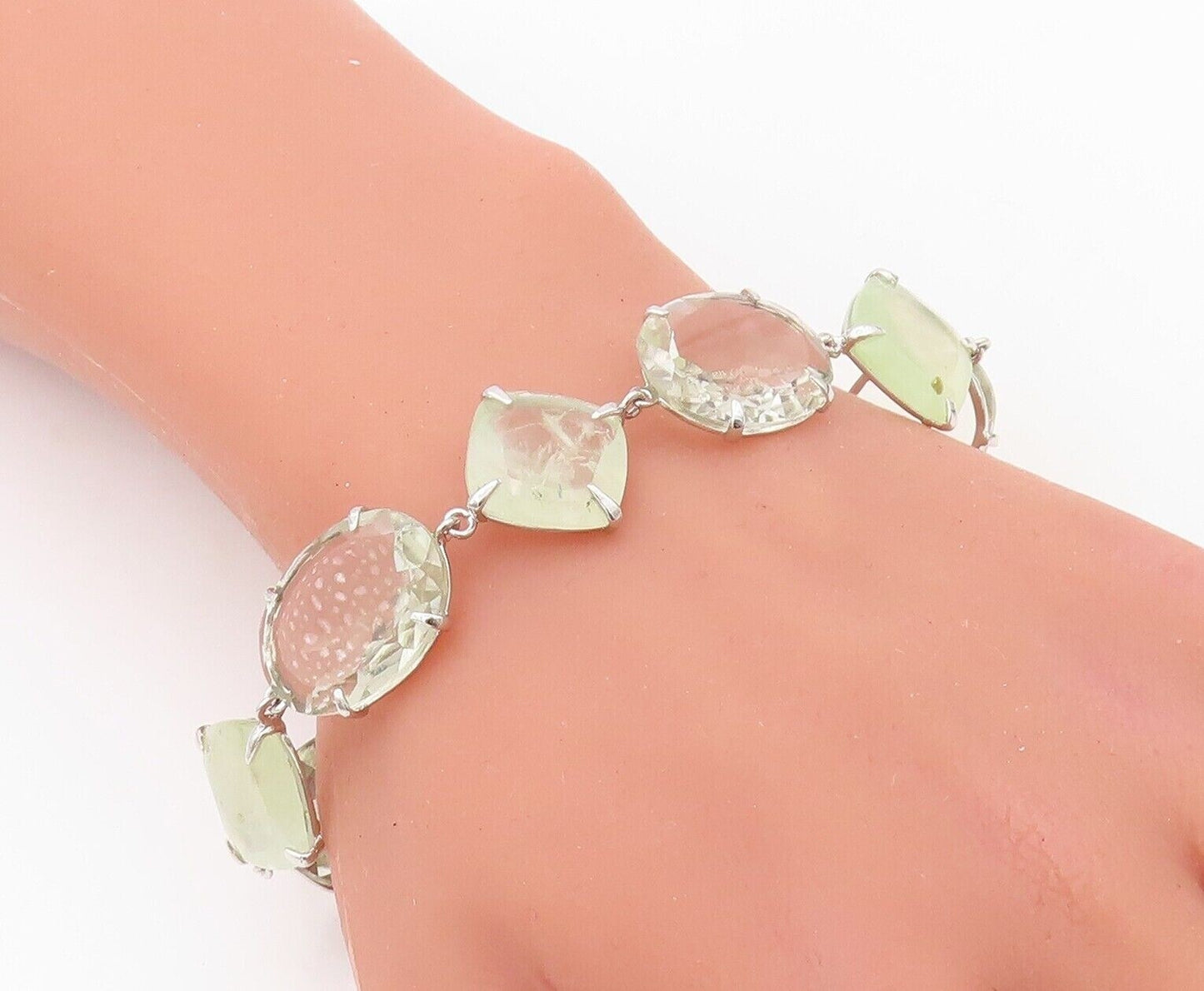 925 Sterling Silver Vintage Bracelet Square & Oval Cut Linked Quartz  BT10712