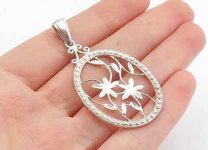925 Sterling Silver  Vintage Shiny Open Floral Vine Oval Drop Pendant  PT4215
