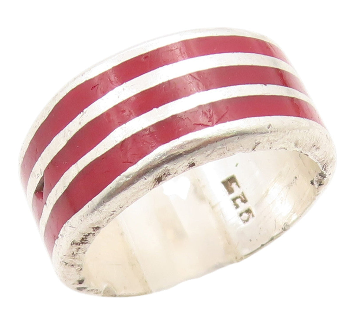 925 Sterling Silver Vintage Ring Red Enameled Wide Stripes Band  Sz 7  RG36092