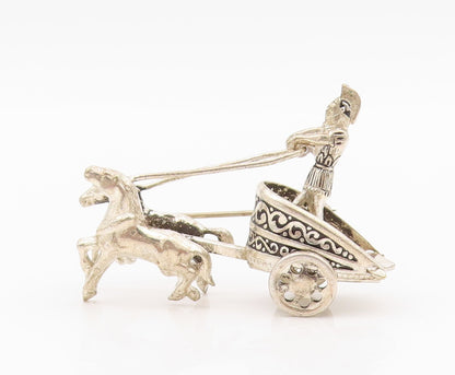 925 Sterling Silver Vintage Brooch Antique 3D Cut Royal Chariot  BP11684