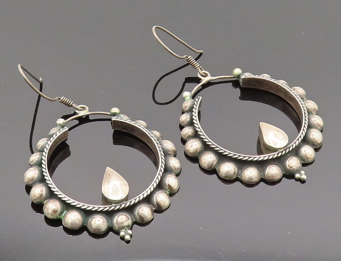 925 Sterling Silver  Vintage Beaded & Rope Twist Hoop Dangle Earrings  EG12361