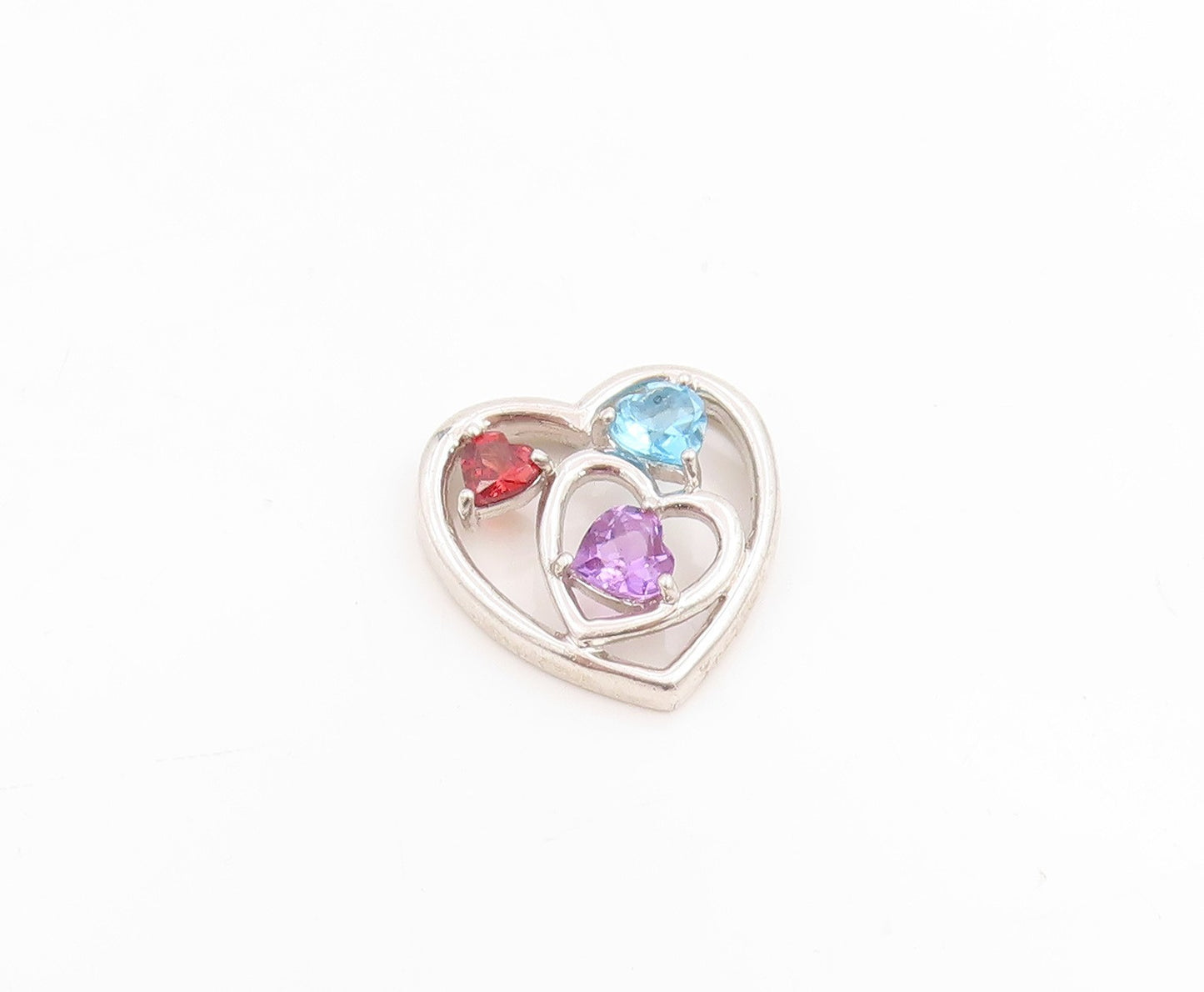925 Sterling Silver Vintage Pendant Tri Gemstone Dual Love Heart Charm  PT25217