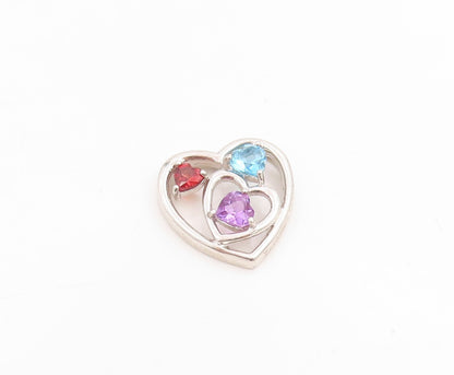 925 Sterling Silver Vintage Pendant Tri Gemstone Dual Love Heart Charm  PT25217