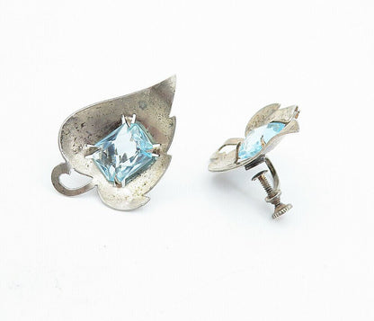 925 Sterling Silver  Vintage Blue Topaz Floral Leaf Non Pierce Earrings EG2857