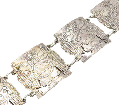 PERU 925 Sterling Silver Vintage Pre Columbian Detail Chain Bracelet BT6618