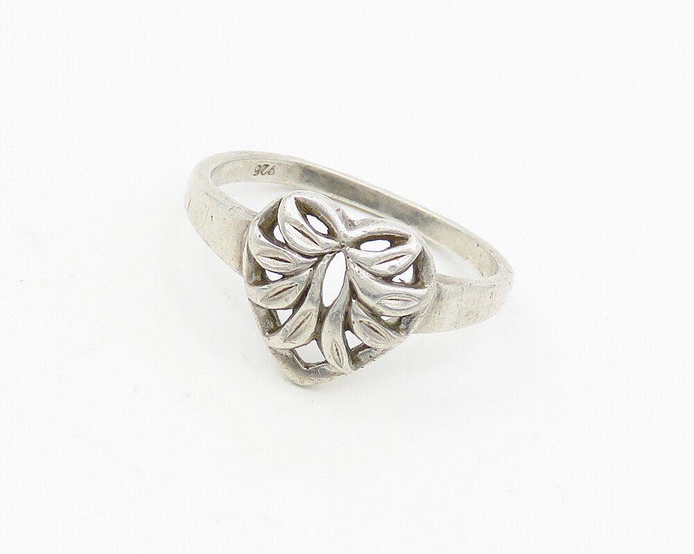 925 Sterling Silver  Vintage Diamond Cut Floral Heart Band Ring Sz 8.5 RG18584