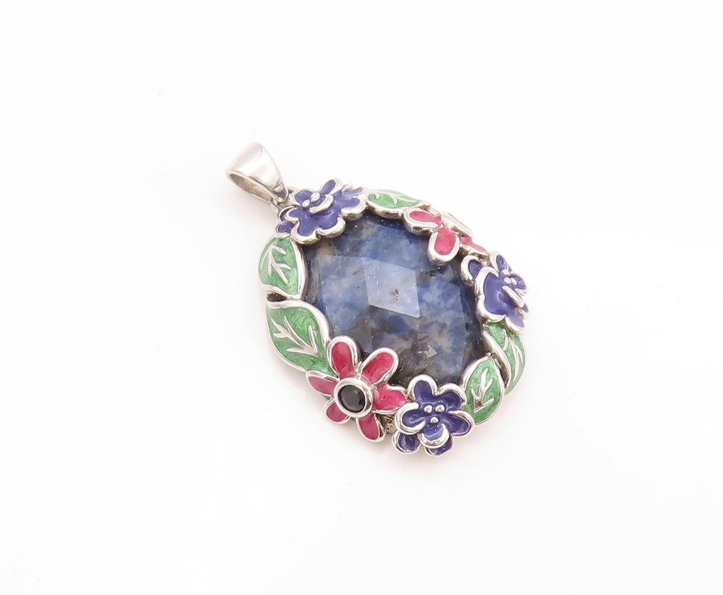 925 Sterling Silver Vintage Pendant Oval Gemstone Halo Enameled Flowers  PT24157