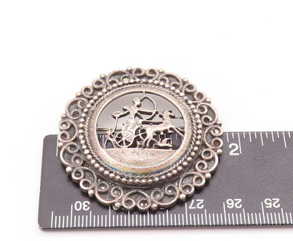 925 Sterling Silver Vintage Brooch Pin Antique Carved War Landscape  BP10887