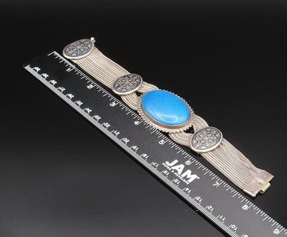 925 Silver  Vintage Oval Blue Howlite & Fleur De Lis Multi Row Bracelet BT9562
