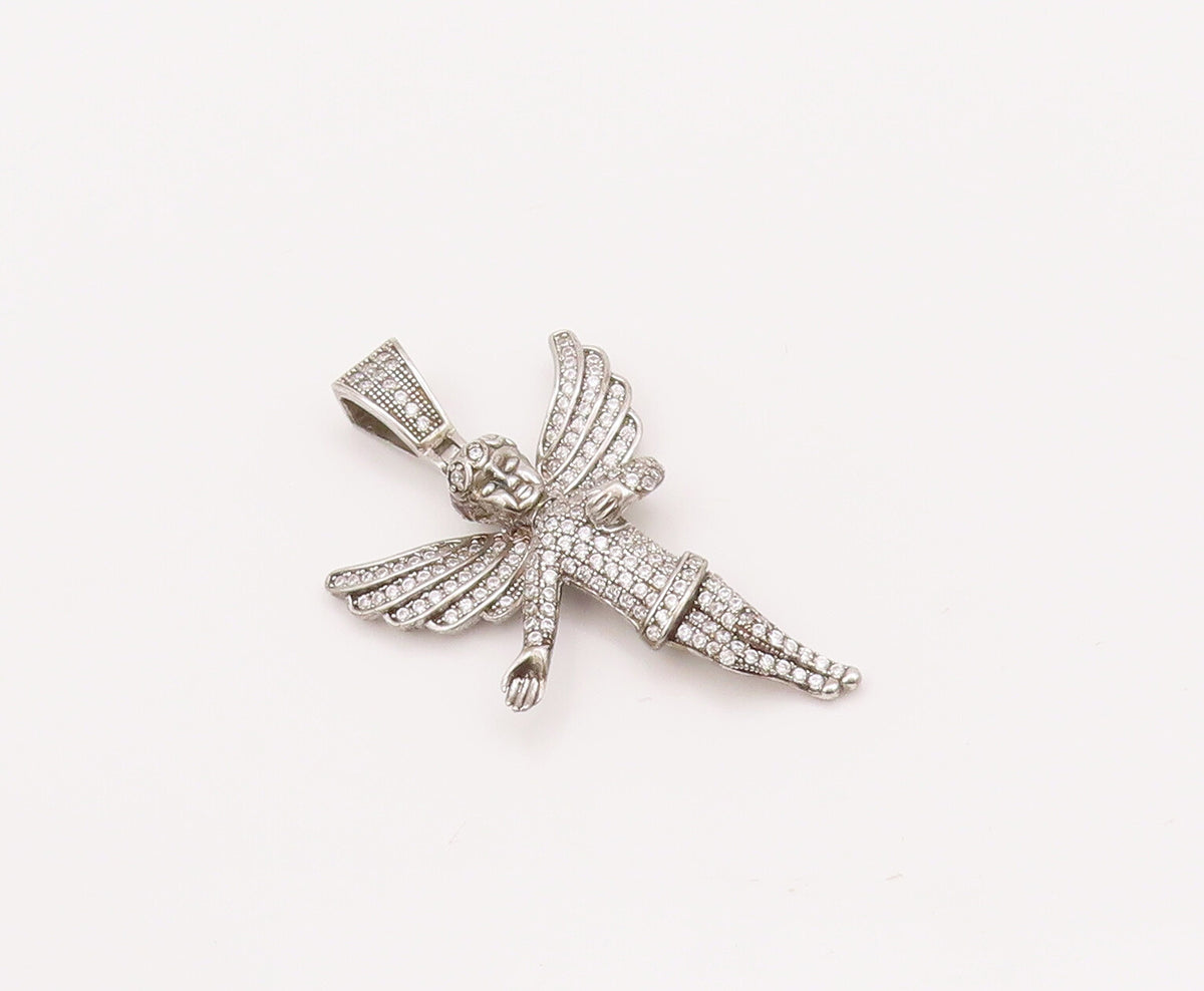 925 Sterling Silver Vintage Pendant Topaz Beaded Carved Flying Fairy  PT22990