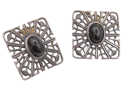 CELLINI 925 Silver  Vintage Antique Filigree Cut Square Onyx Earrings  EG12654